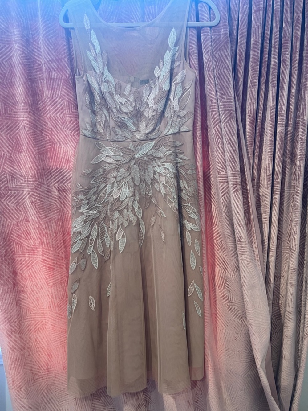 BCBGMaxazria Embroidered Leaf A-Line Dress in Taupe Size 2